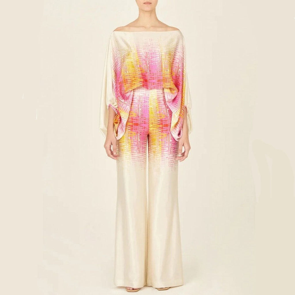 Women's Chic Summer Two-Piece Set Printed Flowy Top Wide-Leg Pants Casual Vacation Elegant Outfit