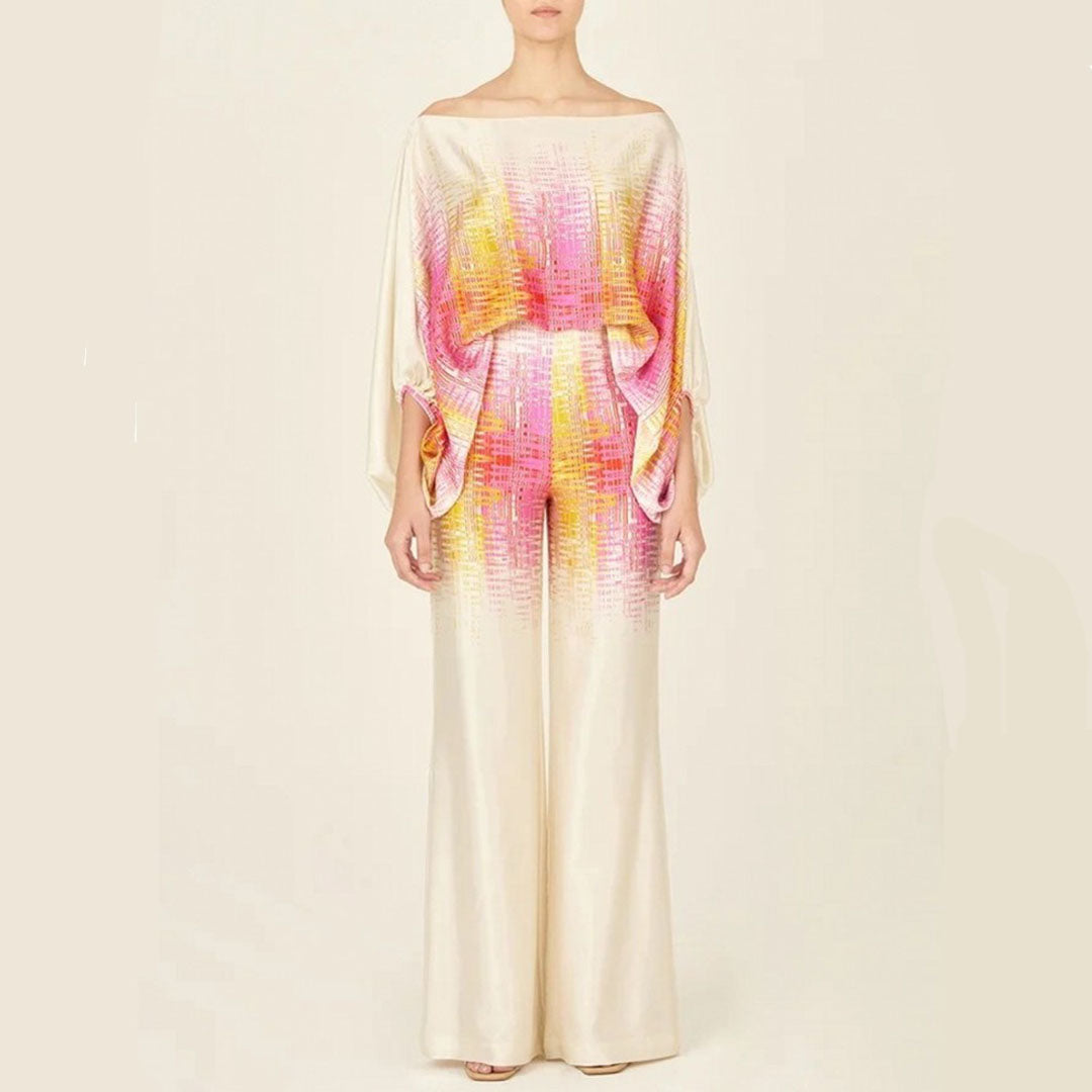 Women's Chic Summer Two-Piece Set Printed Flowy Top Wide-Leg Pants Casual Vacation Elegant Outfit