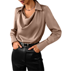 Women's Drape Neck Long Sleeve Satin Blouse Silky Elegant Office Evening Versatile Chic – Samantha