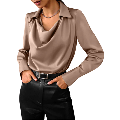 Women's Drape Neck Long Sleeve Satin Blouse Silky Elegant Office Evening Versatile Chic – Samantha