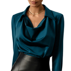 Women's Drape Neck Long Sleeve Satin Blouse Silky Elegant Office Evening Versatile Chic – Samantha