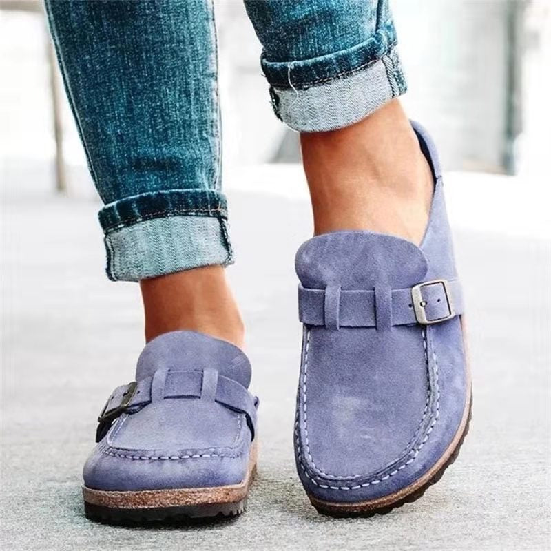Women's Retro Suede Buckle Clog Mules Slip-On Flat Arch Support Casual Everyday Shoes – Marley