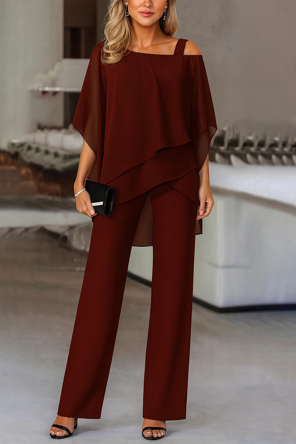Women's Elegant Two-Piece Set Top & Wide-Leg Pants Formal Evening Wedding Guest Gala Cocktail Party Luxury – Burgundy Black White Blue