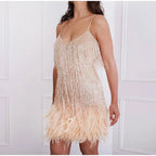 Pink Feather Sequin Mini Elegant Dress Spaghetti Straps Glam Cocktail Night Out Party Dress