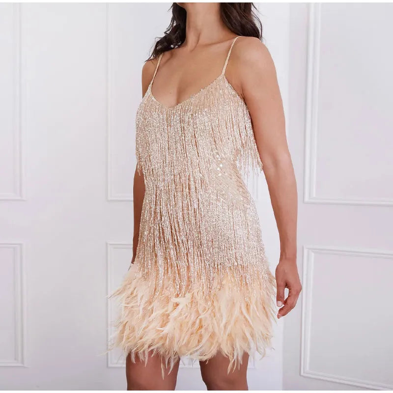 Pink Feather Sequin Mini Elegant Dress Spaghetti Straps Glam Cocktail Night Out Party Dress