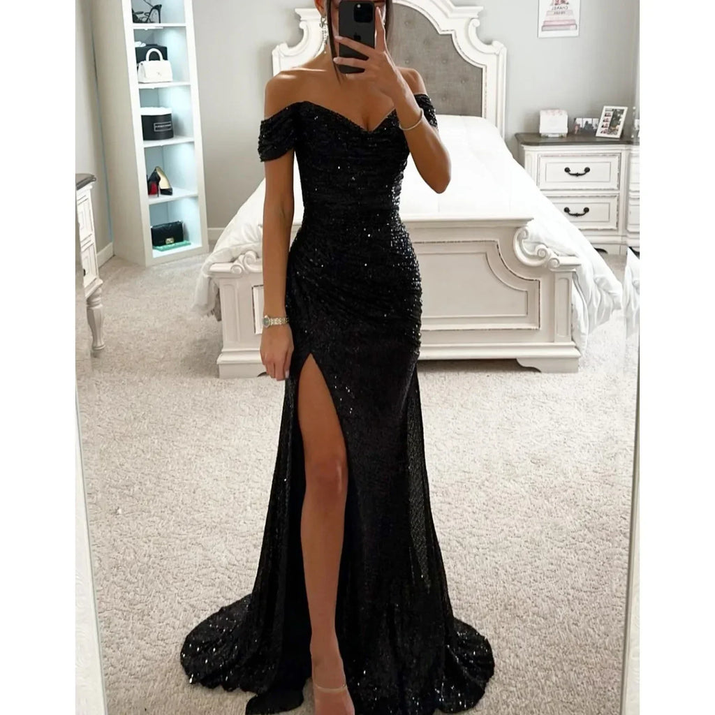 Women's Long Off-Shoulder Sequin Evening Dress Slit Elegant Formal Gown