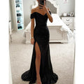 Women's Long Off-Shoulder Sequin Evening Dress Slit Elegant Formal Gown