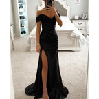 Women's Long Off-Shoulder Sequin Evening Dress Slit Elegant Formal Gown