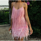Pink Feather Sequin Mini Elegant Dress Spaghetti Straps Glam Cocktail Night Out Party Dress