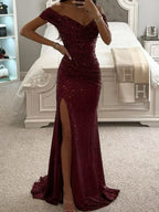 Women's Long Off-Shoulder Sequin Evening Dress Slit Elegant Formal Gown