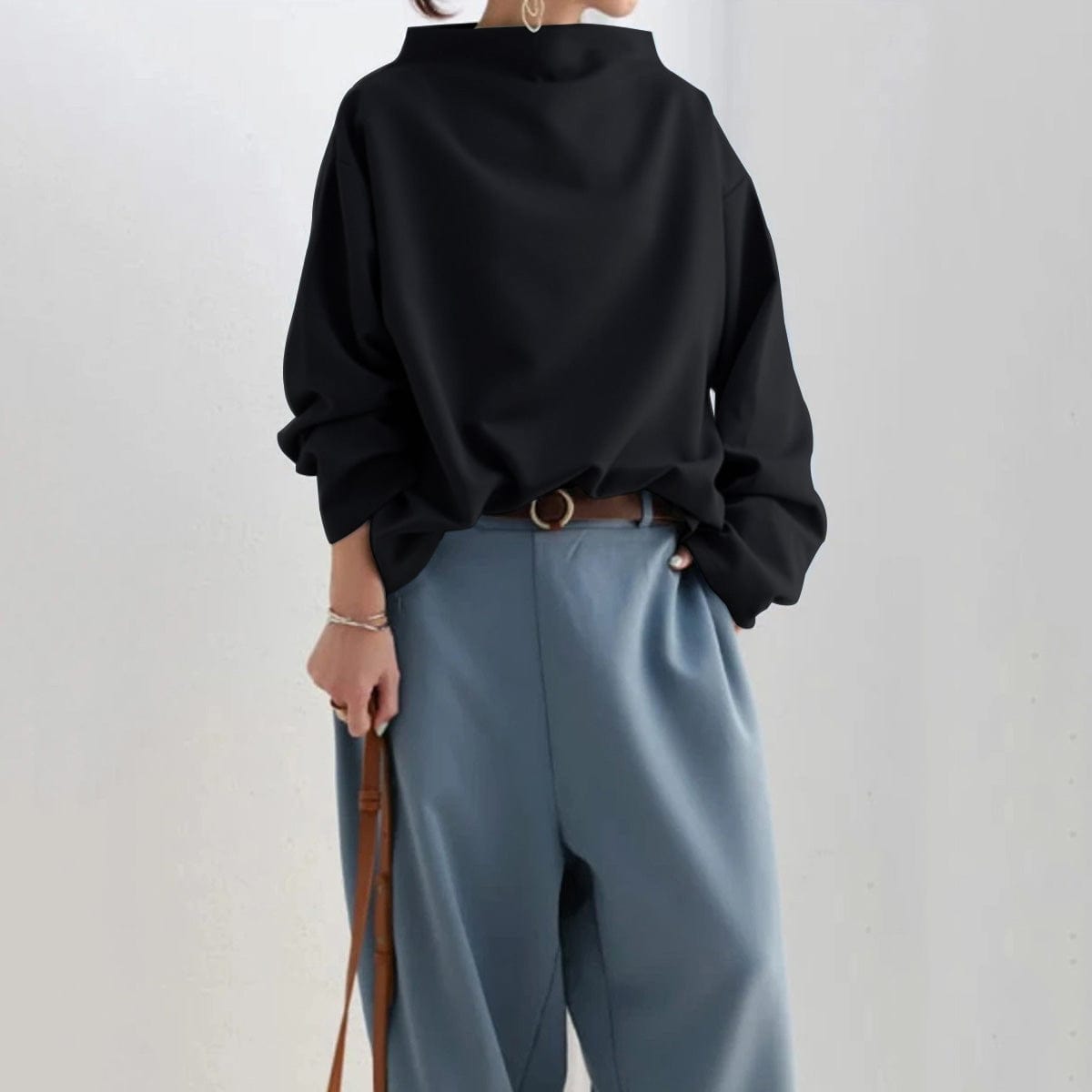 Women's Sophisticated High Neck Top Relaxed Silhouette Long Sleeve Casual Elegant – Renli