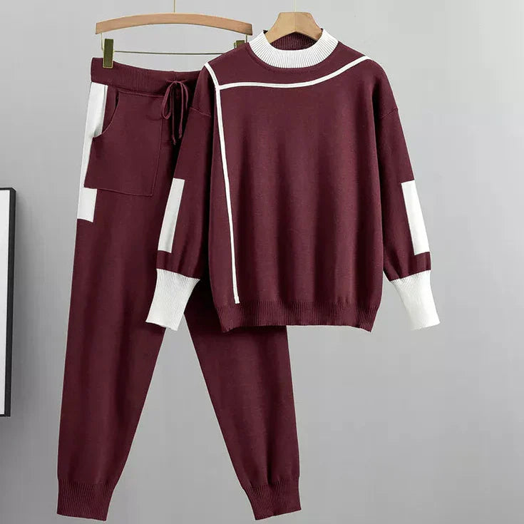 Women's Casual Lounge Sweater Pants Set Contrast Detail Jogger Two-Piece Cozy Everyday Home – Kaitlyn