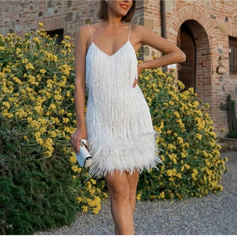 Pink Feather Sequin Mini Elegant Dress Spaghetti Straps Glam Cocktail Night Out Party Dress