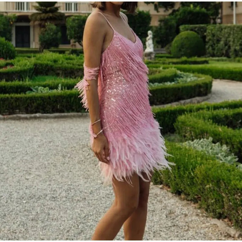 Pink Feather Sequin Mini Elegant Dress Spaghetti Straps Glam Cocktail Night Out Party Dress