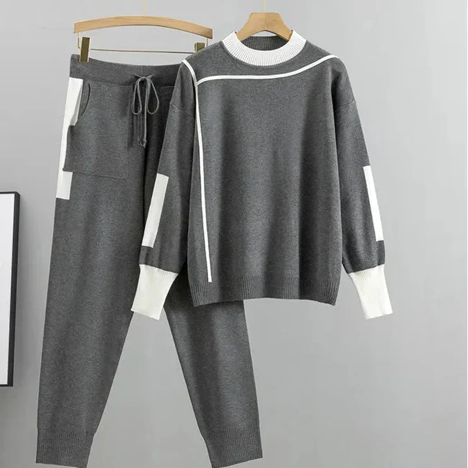 Women's Casual Lounge Sweater Pants Set Contrast Detail Jogger Two-Piece Cozy Everyday Home – Kaitlyn