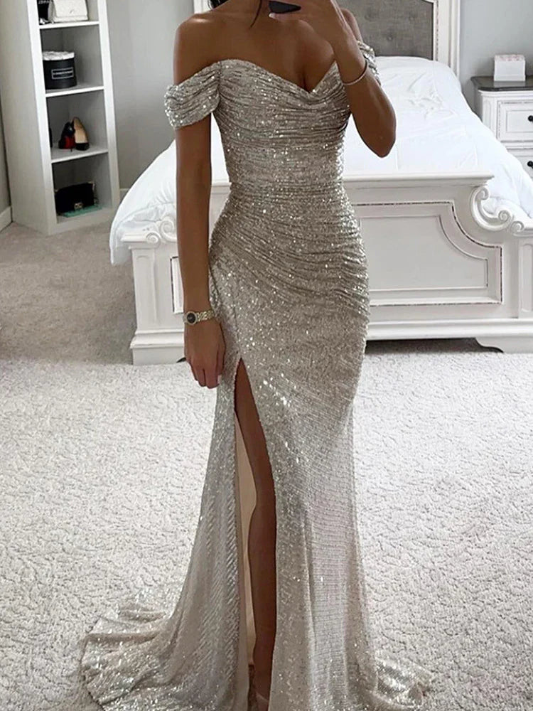 Women's Long Off-Shoulder Sequin Evening Dress Slit Elegant Formal Gown