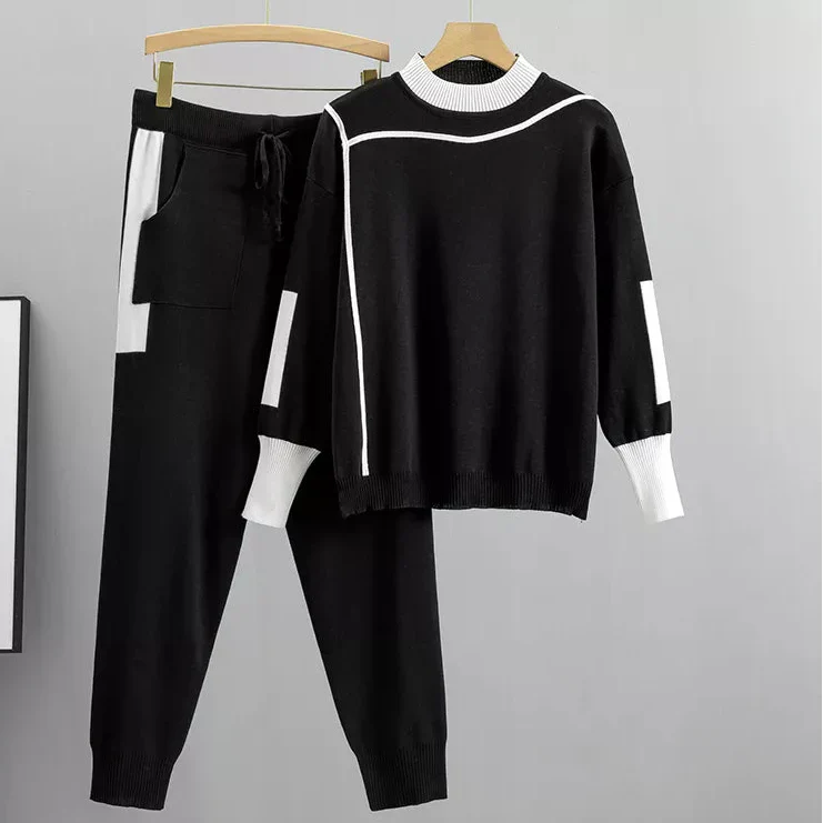 Women's Casual Lounge Sweater Pants Set Contrast Detail Jogger Two-Piece Cozy Everyday Home – Kaitlyn