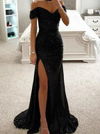 Women's Long Off-Shoulder Sequin Evening Dress Slit Elegant Formal Gown