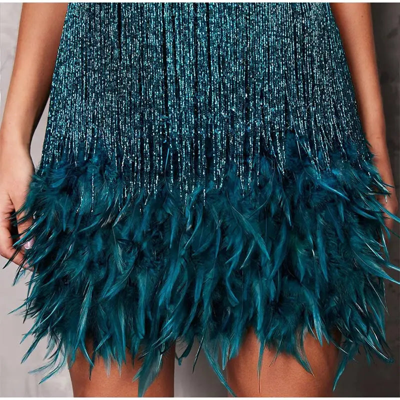 Pink Feather Sequin Mini Elegant Dress Spaghetti Straps Glam Cocktail Night Out Party Dress