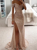 Women's Long Off-Shoulder Sequin Evening Dress Slit Elegant Formal Gown