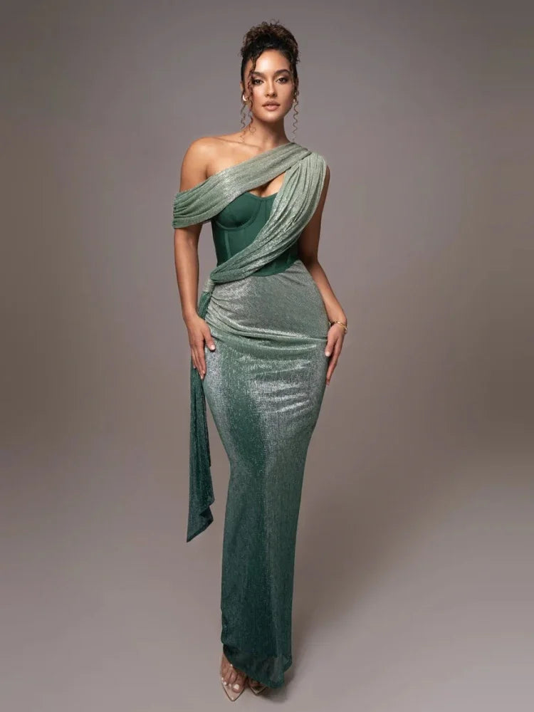 Women's Luxe One-Shoulder Long Dress Sculpted Bodycon Formal Wedding Evening Gala Elegant – Agatha