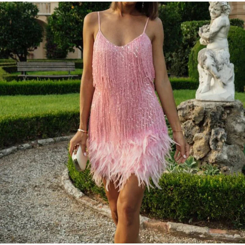 Pink Feather Sequin Mini Elegant Dress Spaghetti Straps Glam Cocktail Night Out Party Dress