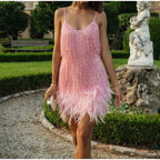 Pink Feather Sequin Mini Elegant Dress Spaghetti Straps Glam Cocktail Night Out Party Dress