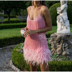 Pink Feather Sequin Mini Elegant Dress Spaghetti Straps Glam Cocktail Night Out Party Dress