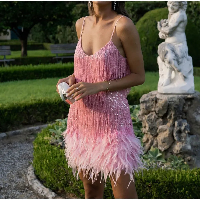 Pink Feather Sequin Mini Elegant Dress Spaghetti Straps Glam Cocktail Night Out Party Dress