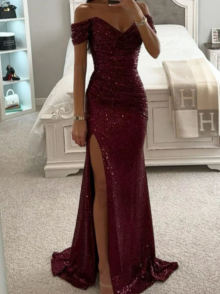 Women's Long Off-Shoulder Sequin Evening Dress Slit Elegant Formal Gown