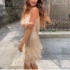 Pink Feather Sequin Mini Elegant Dress Spaghetti Straps Glam Cocktail Night Out Party Dress