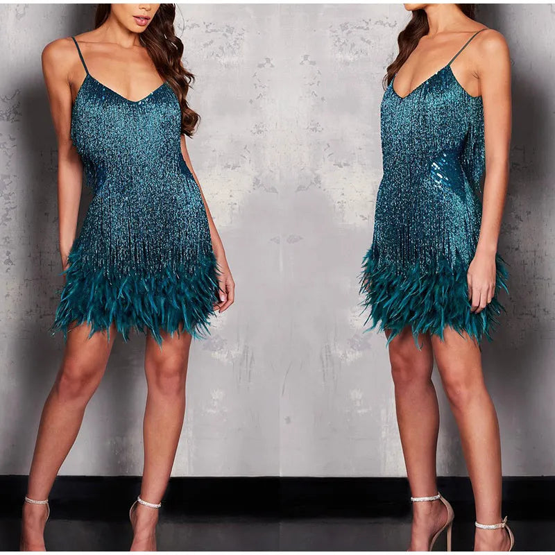 Pink Feather Sequin Mini Elegant Dress Spaghetti Straps Glam Cocktail Night Out Party Dress