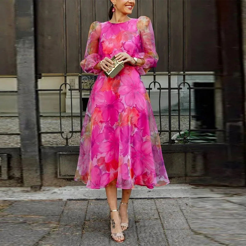 Women's Floral Midi Wedding Guest Dress Long Sheer Sleeves Fluid Romantic Elegant Formal