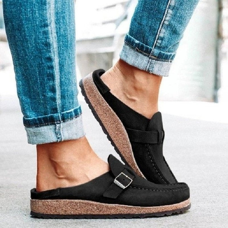 Women's Retro Suede Buckle Clog Mules Slip-On Flat Arch Support Casual Everyday Shoes – Marley