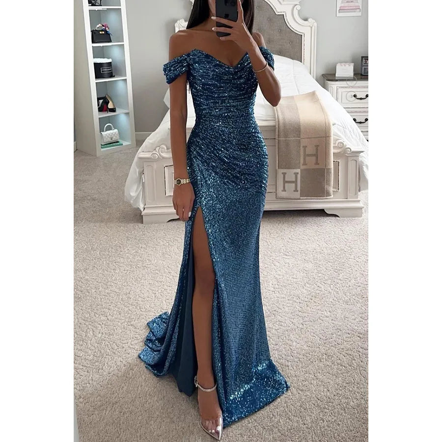 Women's Long Off-Shoulder Sequin Evening Dress Slit Elegant Formal Gown