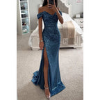 Women's Long Off-Shoulder Sequin Evening Dress Slit Elegant Formal Gown