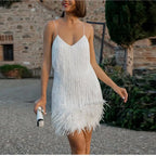 Pink Feather Sequin Mini Elegant Dress Spaghetti Straps Glam Cocktail Night Out Party Dress