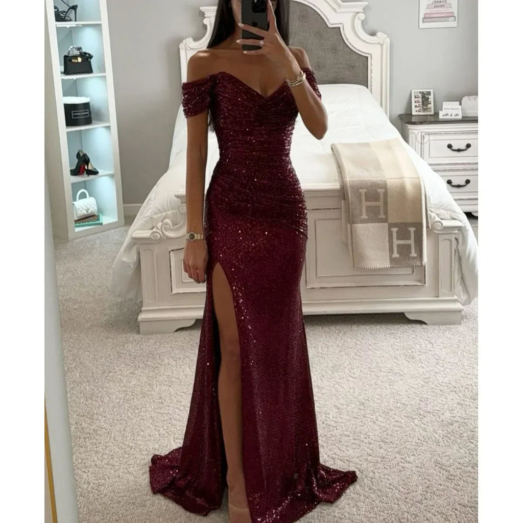 Women's Long Off-Shoulder Sequin Evening Dress Slit Elegant Formal Gown