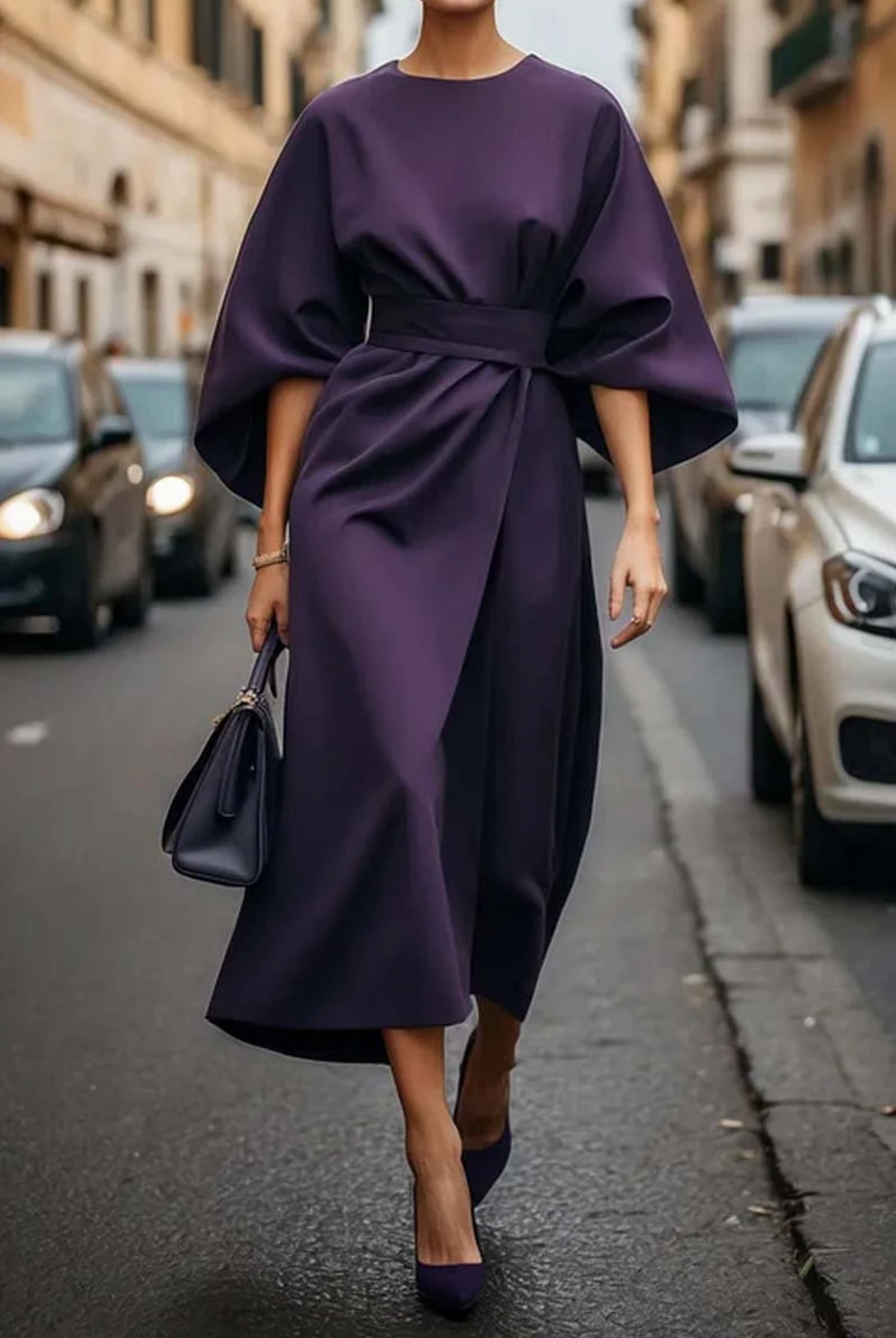 Women's Elegant Lantern Sleeve Midi Formal Dress Belted Wedding Guest Party Occasion – Grace
