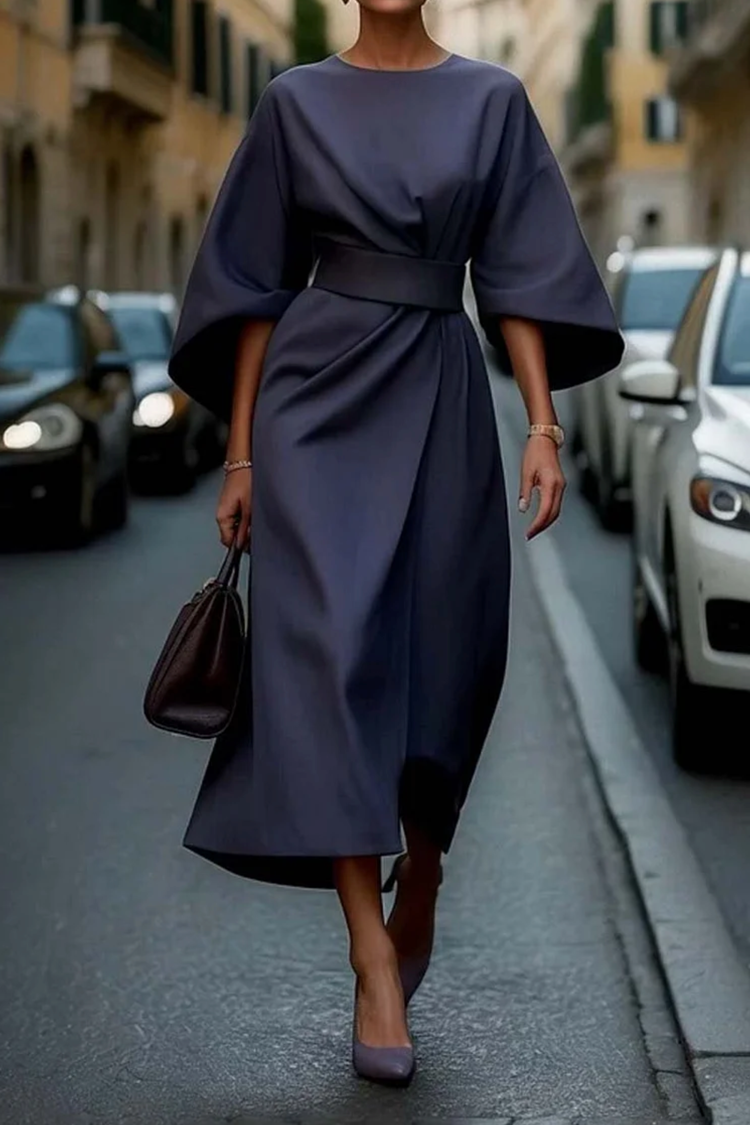 Women's Elegant Lantern Sleeve Midi Formal Dress Belted Wedding Guest Party Occasion – Grace