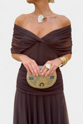 Women's Elegant Off-Shoulder Midi Dress Draped Ruched Bodice Floral Feminine – Lowenna