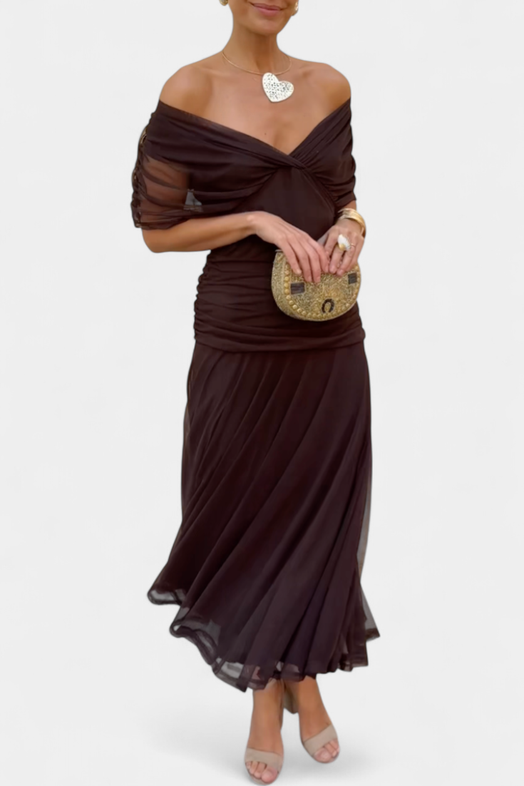 Women's Elegant Off-Shoulder Midi Dress Draped Ruched Bodice Floral Feminine – Lowenna