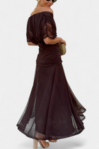 Women's Elegant Off-Shoulder Midi Dress Draped Ruched Bodice Floral Feminine – Lowenna