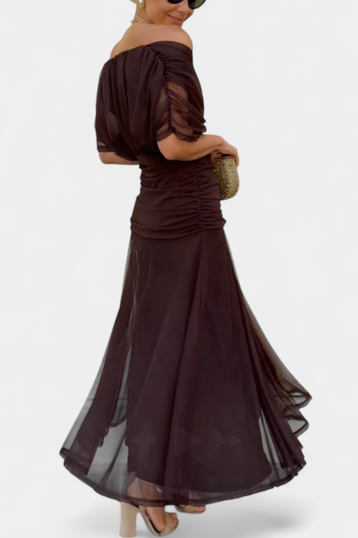 Women's Elegant Off-Shoulder Midi Dress Draped Ruched Bodice Floral Feminine – Lowenna