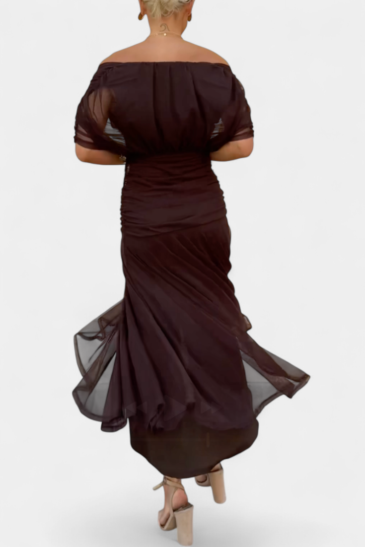 Women's Elegant Off-Shoulder Midi Dress Draped Ruched Bodice Floral Feminine – Lowenna