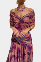 Women's Elegant Off-Shoulder Midi Dress Draped Ruched Bodice Floral Feminine – Lowenna