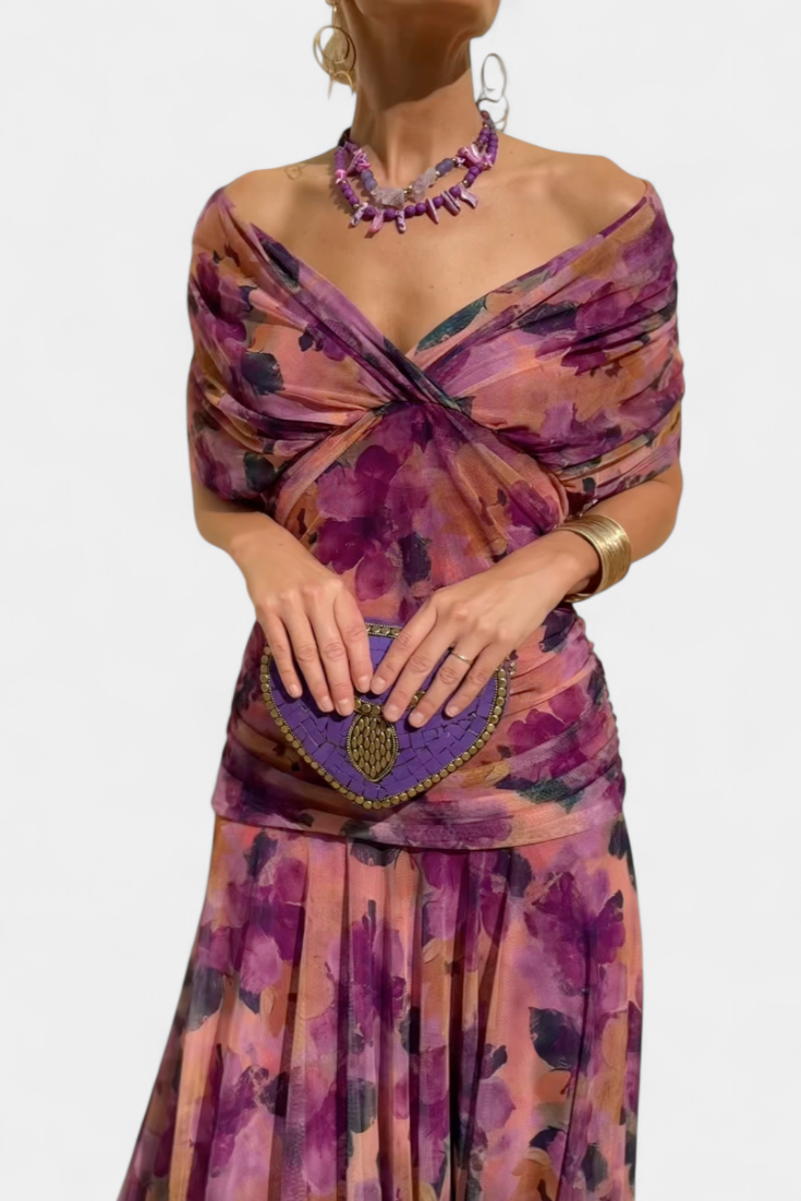 Women's Elegant Off-Shoulder Midi Dress Draped Ruched Bodice Floral Feminine – Lowenna