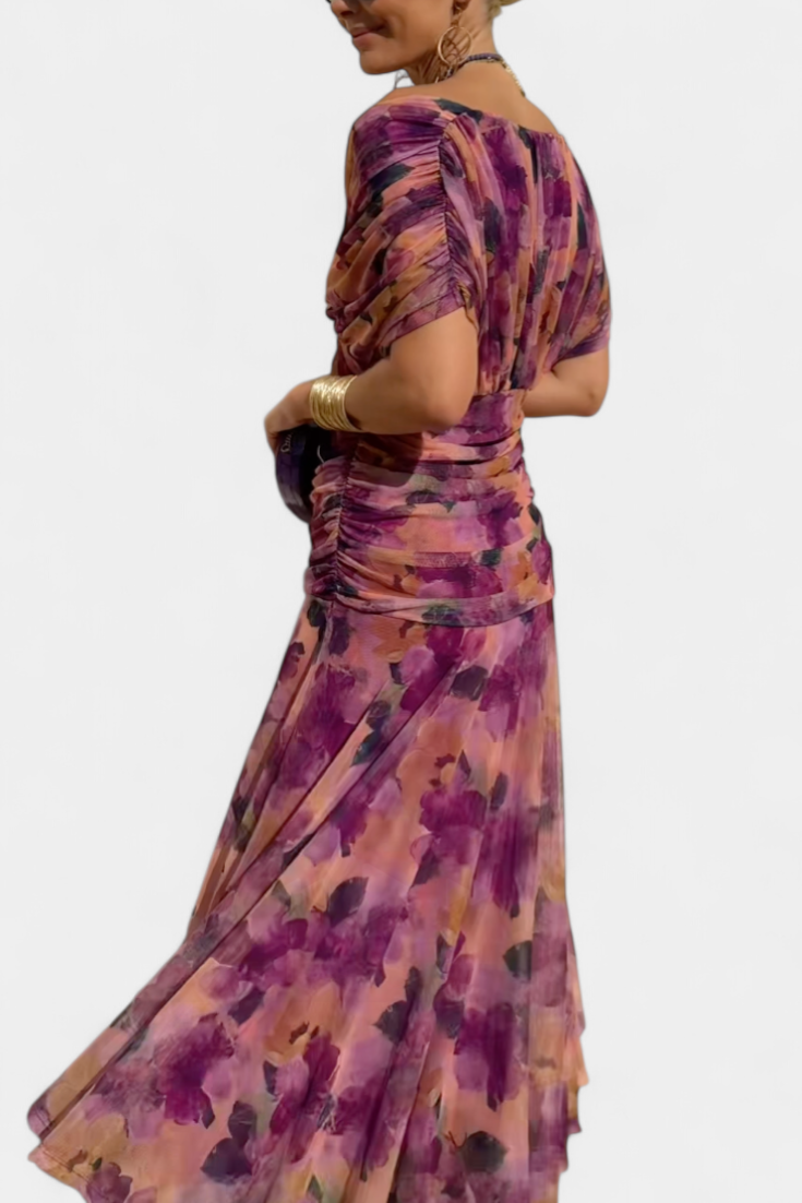 Women's Elegant Off-Shoulder Midi Dress Draped Ruched Bodice Floral Feminine – Lowenna