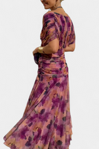 Women's Elegant Off-Shoulder Midi Dress Draped Ruched Bodice Floral Feminine – Lowenna