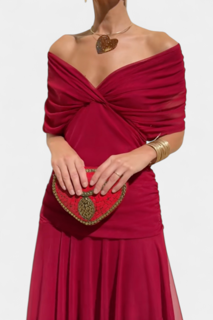 Women's Elegant Off-Shoulder Midi Dress Draped Ruched Bodice Floral Feminine – Lowenna